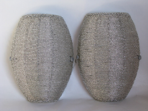 Pair of slip shade wall sconce lights, beaded silver glass lamp shades