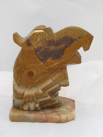 Pair of vintage carved Mexican onyx stone book ends, Indian heads