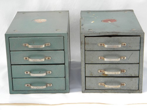 Pair of vintage industrial machine-age gray/green metal organizer cabinets