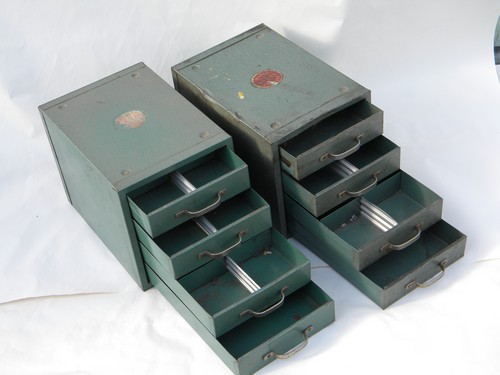 Pair of vintage industrial machine-age gray/green metal organizer cabinets