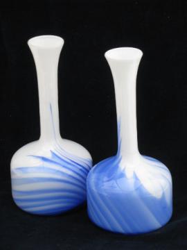 Pair tall mod bottle vases, vintage milk glass w/ cobalt blue swirl