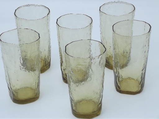 Pale amber gold crinkle glass tumblers, mid-century mod glasses set