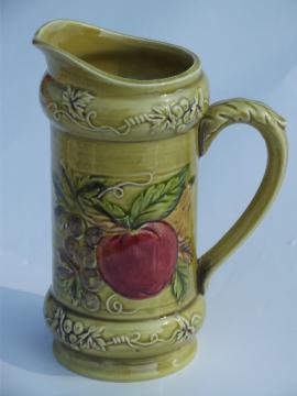 Pear and apple vintage Lefton china milk pitcher, harvest fruit on green-gold