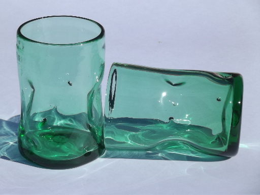 Pinch shape green glass tumblers, retro mid-century modern bar glasses