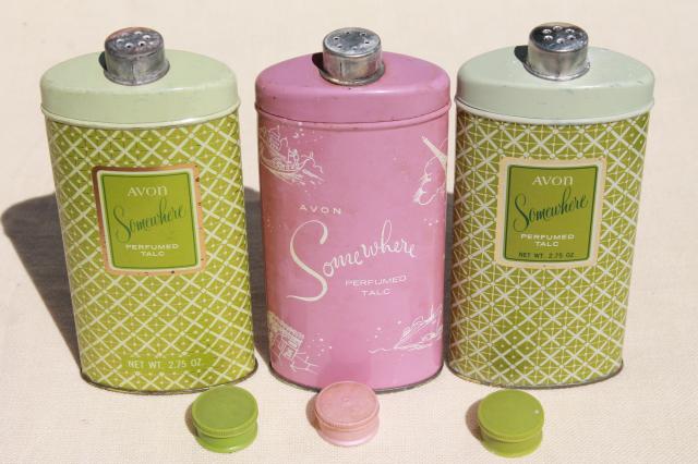 pretty flowered vintage tins, 60s Avon Somewhere perfumed talc talcum powder shakers