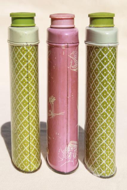 pretty flowered vintage tins, 60s Avon Somewhere perfumed talc talcum powder shakers