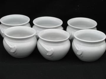 Pure white china rice or soup bowls, individual pots w/ ginkgo leaf handles