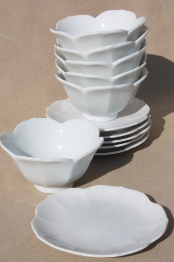 Pure white porcelain rice bowls, set of 6 lotus flower bowls w/ flower shaped plates