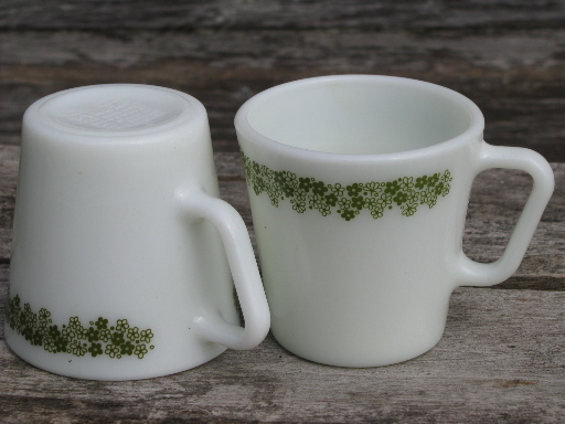 Pyrex Spring Blossom glass mugs / coffee cups, lime green crazy daisy