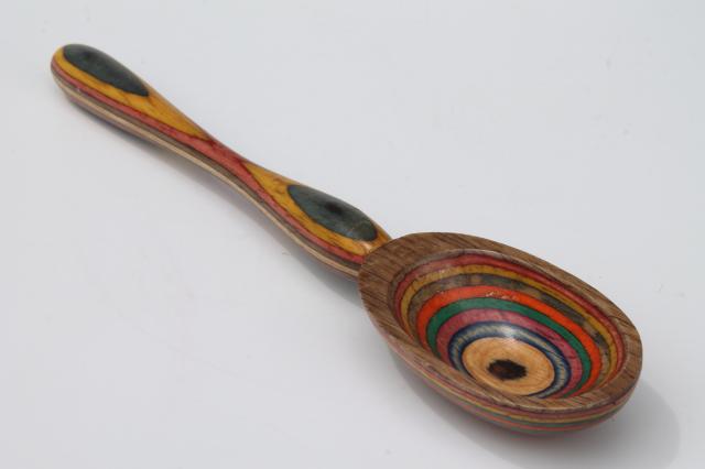 rainbow colors handmade wooden spoon, wood intarsia layered color block stripes