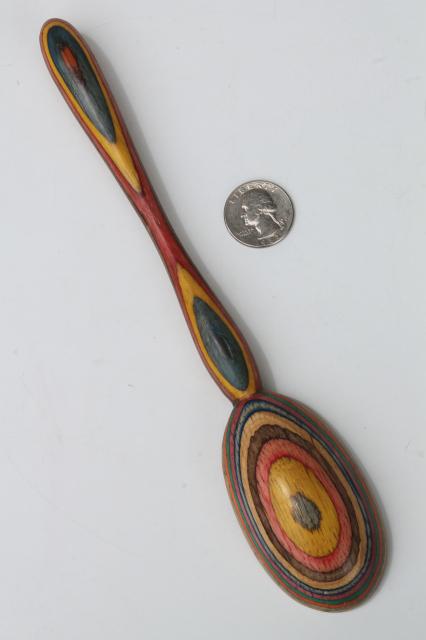 rainbow colors handmade wooden spoon, wood intarsia layered color block stripes
