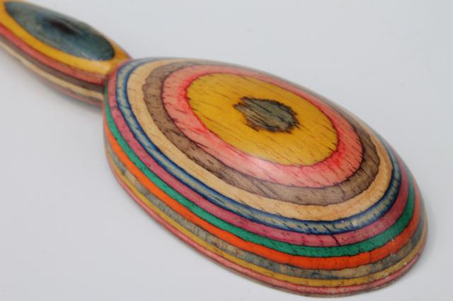 rainbow colors handmade wooden spoon, wood intarsia layered color block stripes