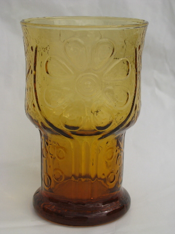 Rainflower pattern amber glass tumblers, vintage 70s retro glasses set