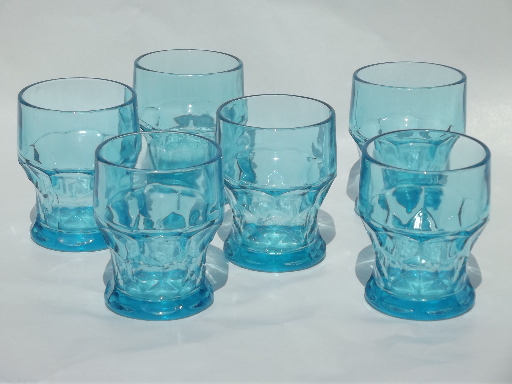 Rare aqua blue Georgian pattern glass tumblers, 6 vintage juice glasses