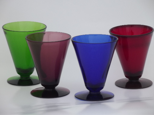 Red, blue, amethyst, green colored glass cocktail / stemless martini  glasses