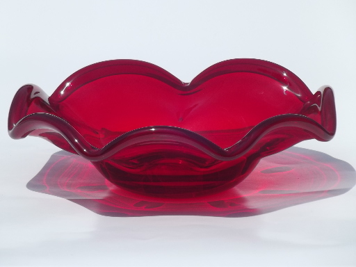 Red & blue hand blown glass bowls, retro mod freeform flower shapes