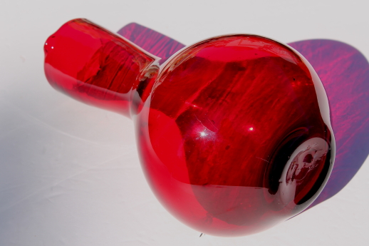 Red glass wine decanter / carafe, mod vintage hand-blown glass bottle pitcher
