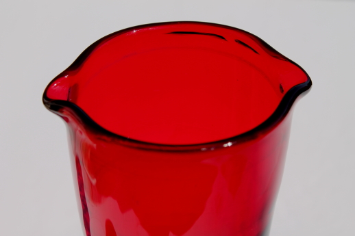 Red glass wine decanter / carafe, mod vintage hand-blown glass bottle pitcher