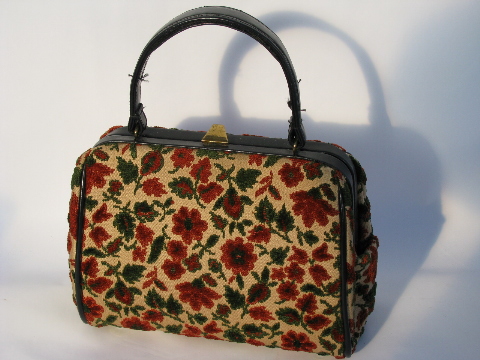 Retro 1940's vintage cotton tapestry carpetbag satchel handbag purse