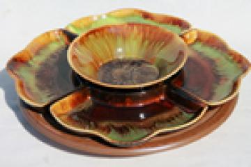 Retro 50s - 60s ranch style drip glaze pottery lazy susan relish dish set w/ turntable