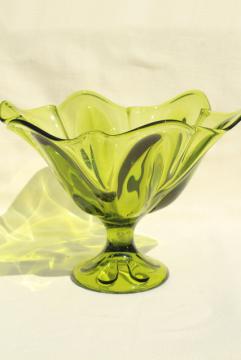 retro 60s 70s avocado green glass fruit bowl, Epic mod shape Viking art glass