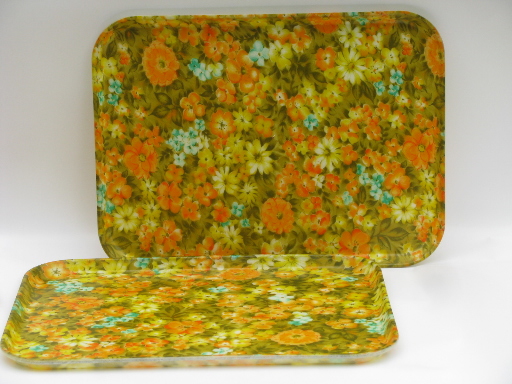 Retro 60s 70s vintage fiberglass lunch trays, mod bright flowers!