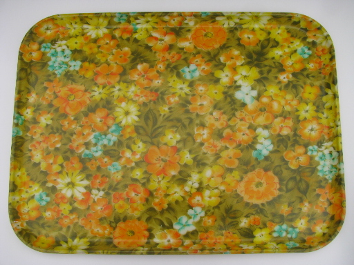 Retro 60s 70s vintage fiberglass lunch trays, mod bright flowers!