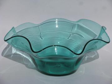 Retro 60s -70s vintage hand-blown art glass bowl, aqua blue colored glass