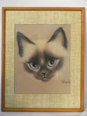 Retro 60s big-eyed fluffy kitty and siamese cat prints, pair mod frames