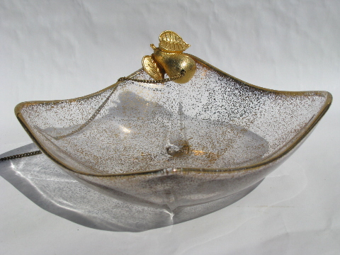 Retro 60s gold spatter glass relish dish w/ attached gold pickle fork