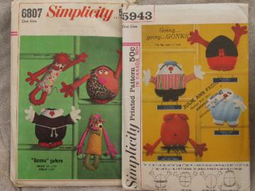 Retro 60s Gonks pillow people to sew, vintage Simplicity sewing patterns