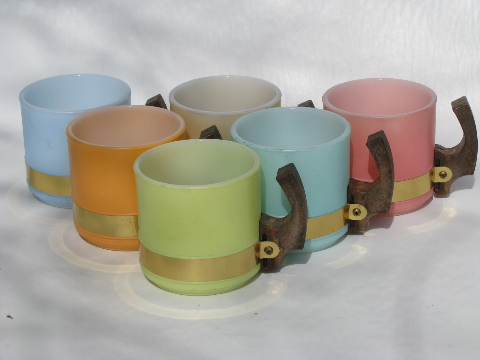 Retro 60s pastels, vintage Siesta Ware glass mugs, country home cups