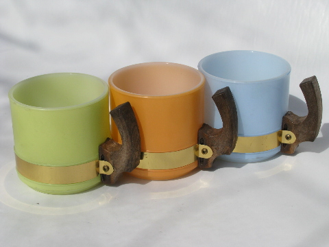 Retro 60s pastels, vintage Siesta Ware glass mugs, country home cups