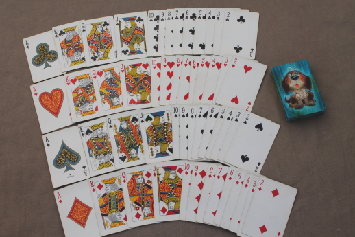 Retro 60s playing cards w/ shaggy dog & cat prints, vintage big-eyed pets