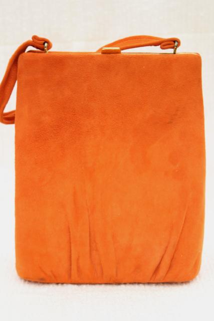 retro 60s vintage bittersweet orange suede leather purse, hard sided trapeze bag