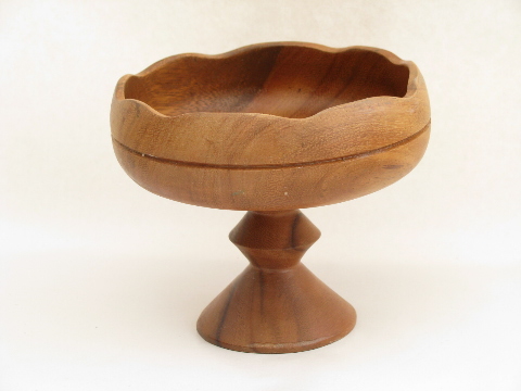 Retro 60s vintage tropical wood pedestal stand bowls, fruit bowl lot