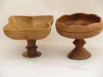 Retro 60s vintage tropical wood pedestal stand bowls, fruit bowl lot