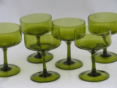 Retro 60s-70s green stemmed glasses set, 6 hand-blown glass goblets