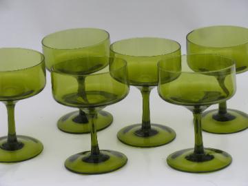Retro 60s-70s green stemmed glasses set, 6 hand-blown glass goblets