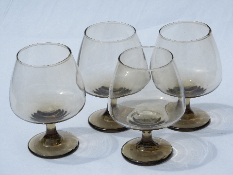 Retro 70s brandy snifter glasses, set of 4 in mod smoke brown glass