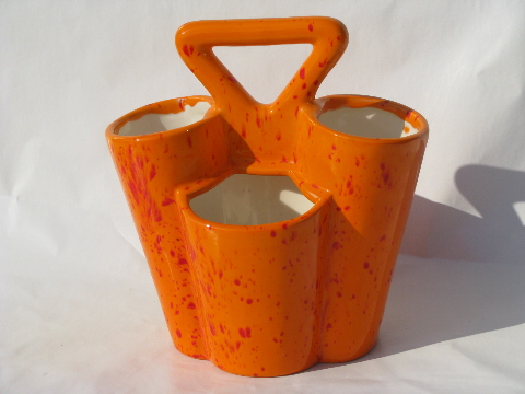 Retro 70s flame orange handmade ceramic desk organizer / pencil holder