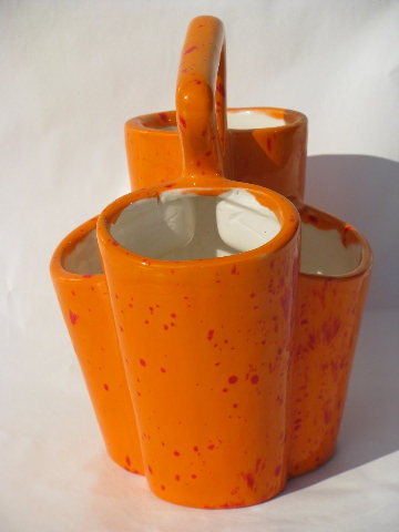 Retro 70s flame orange handmade ceramic desk organizer / pencil holder