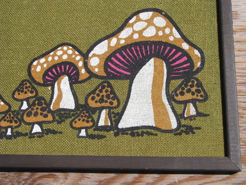 Retro 70s mushrooms print on burlap, vintage wood framed message board