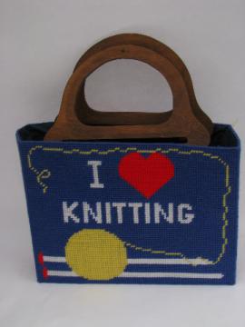 Retro 70s needlework tote bag w/ structured shape, I (heart) Knitting!