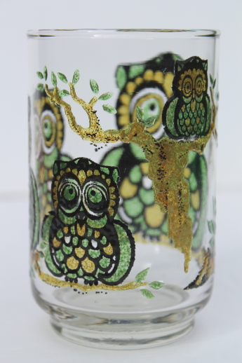 Retro 70s owl glass tumbler, collectible vintage jelly jar glass / pencil holder?