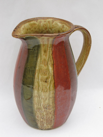 Retro 70s vintage earth tone glazes pottery pitcher, striped band