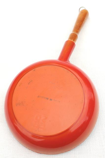 retro 70s vintage flame orange enamel cast iron cassoulet pot & saute pan