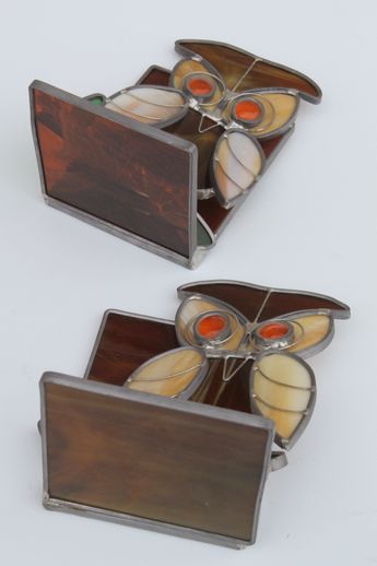Retro 70s vintage leaded stained glass owls, pair of owl bookends for display