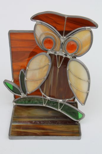 Retro 70s vintage leaded stained glass owls, pair of owl bookends for display