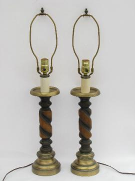 Retro 70s vintage pair candlestick lamps, tall spiraled wood spindles